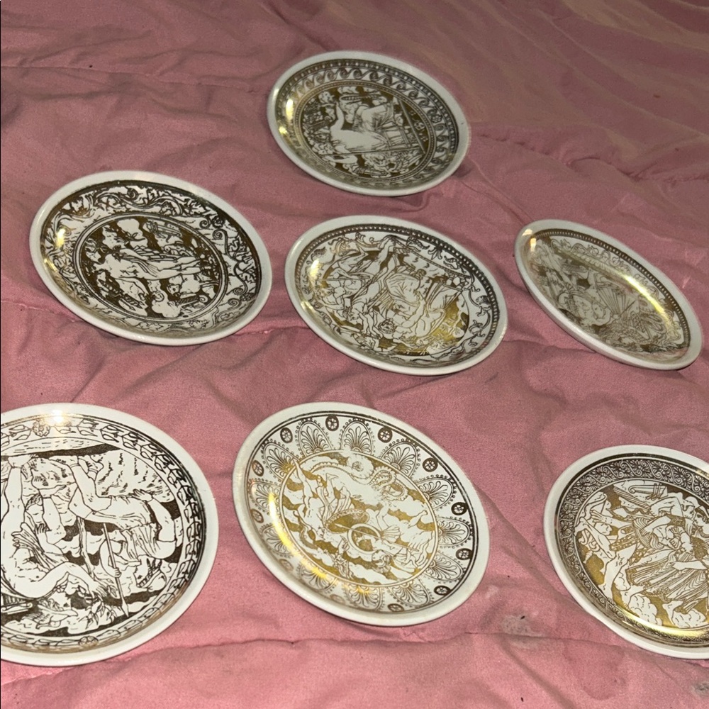 Set of 7 Vintage Porcelain Fornasetti Italy Mitologia Gold 4 in Plates Coasters